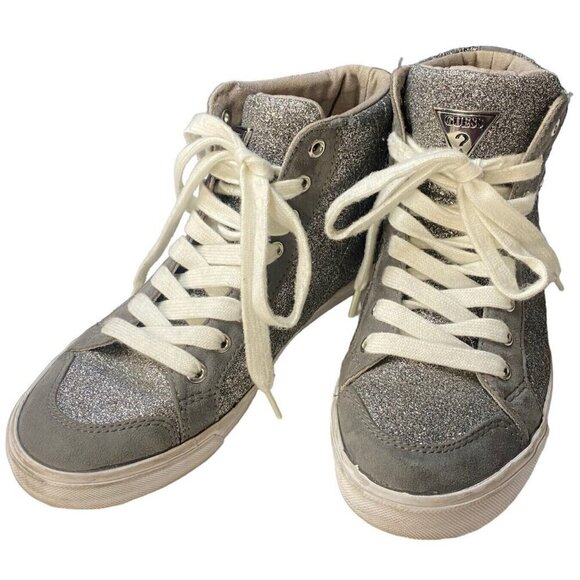 GUESS Shoes - GUESS Women Sneakers Size 7M Silver Glitter Rhinestones‎ High Top Lace Up S-1